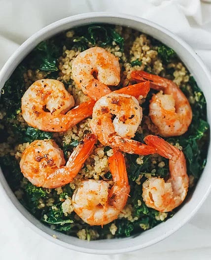 Warm Kale and Quinoa Salad with Grilled Shrimp