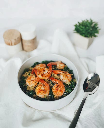 Warm Kale and Quinoa Salad with Grilled Shrimp