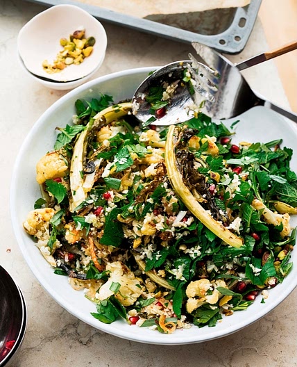  cauliflower, pomegranate, and pistachio herb salad. 
