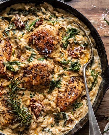One Skillet Creamy Sun-Dried Tomato Chicken and Orzo