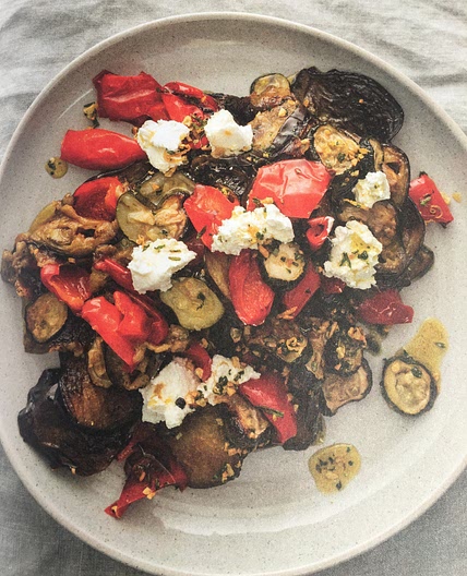 SLOW-ROASTED EGGPLANT, CAPSICUM & COURGETTE WITH LEMON, GARLIC & HERB OIL
