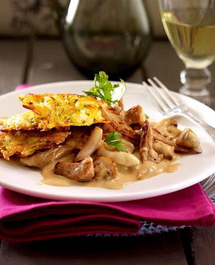 Quitten-Kartoffel-Rösti zu Zürcher Geschnetzeltem