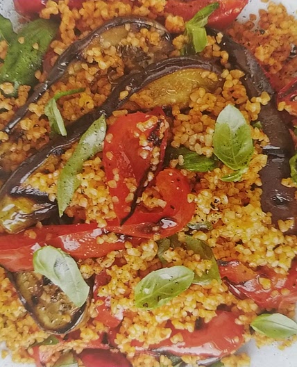 Charred aubergine, pepper & bulgar salad