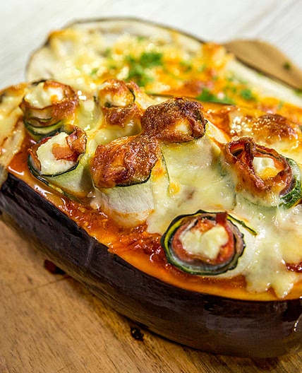 Zucchini and Bacon Roll Stuffed Eggplant