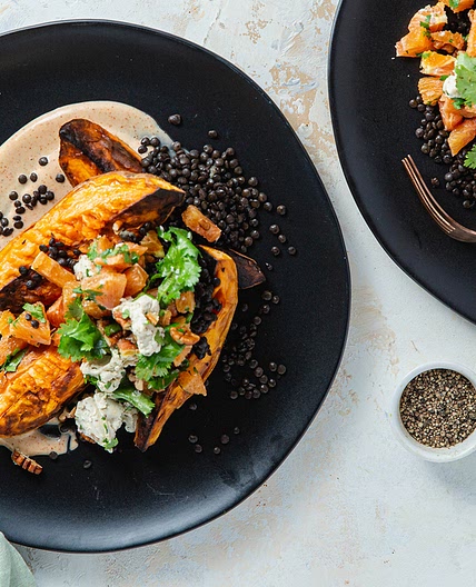 Roasted Sweet Potatoes & Beluga Lentils with Citrus Pecan Salad & Chipotle Crema
