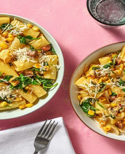 Speedy Creamy Chorizo & Sweetcorn Pasta with Spinach and Cheese