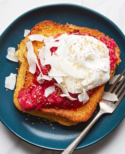 Coconut-Cardamom French Toast With Raspberry-Rhubarb Compote