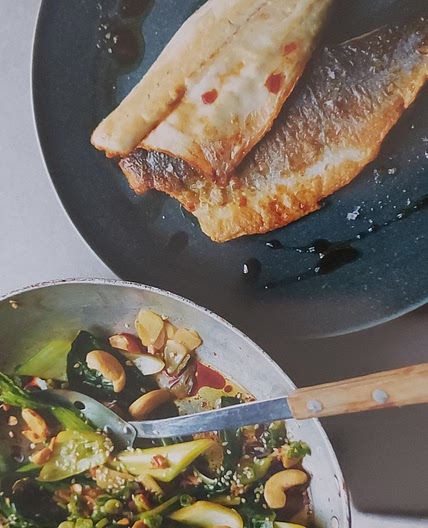 SEA BASS WITH PAK CHOI AND CASHEW NUTS