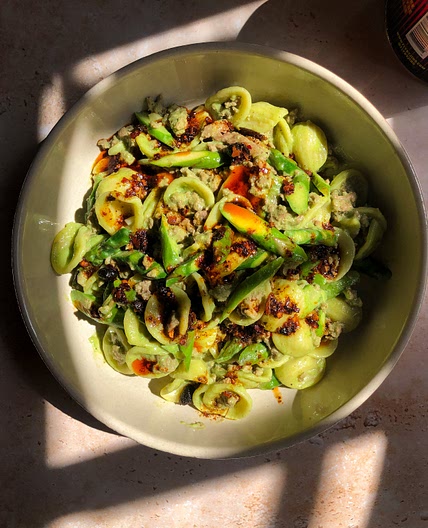 Creamy Spring Pasta with Cilantro, Lamb, and Asparagus — ostreetkitchen