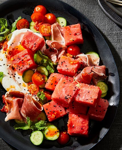 Spicy Watermelon With Tomatoes, Prosciutto & Salted-Lime Yogurt