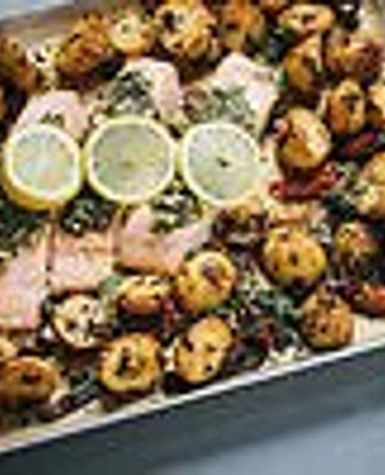 Roasted battata harra with salmon