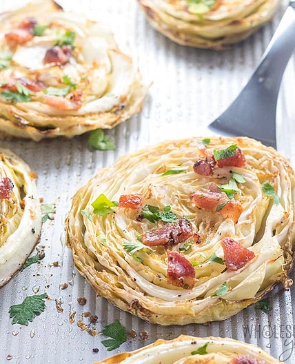 Oven Roasted or Grilled Cabbage Steaks with Bacon, Garlic & Lemon