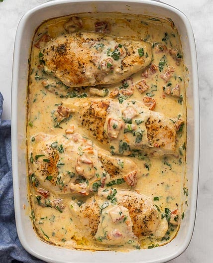 Baked Tuscan ChickenPreheat oven to 425 degrees F. Place chicken breasts on a cutting board and cover with a piece of plastic wr