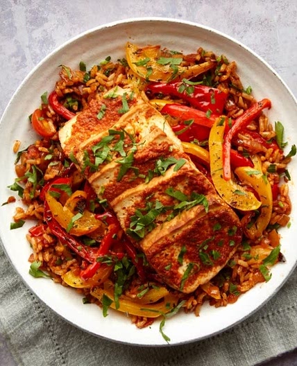 Smoked tofu, Spanish rice & roasted peppers
