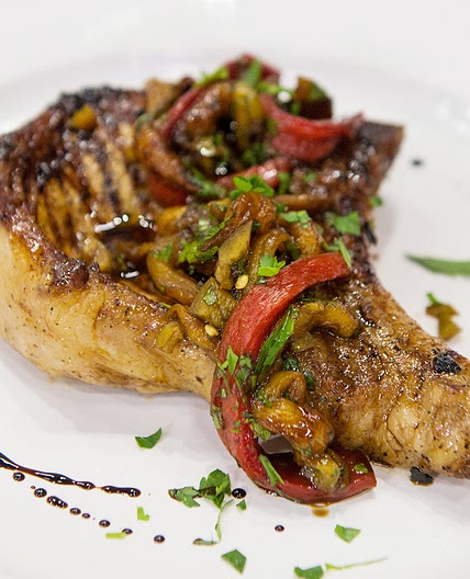Bobby Flay's Grilled Pork Chops with Balsamic and Peppers