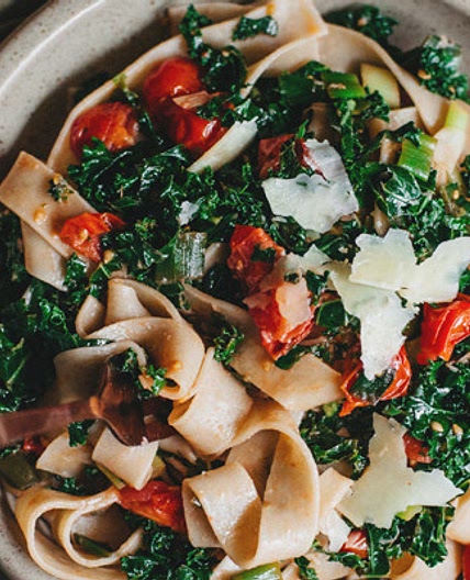 Wilted kale and cherry tomato fettuccine