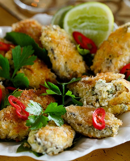 Crumbed mussels stuffed with coriander pesto