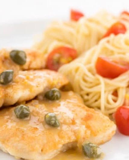 Classic Chicken Piccata with angel hair pasta and lemon-caper sauce