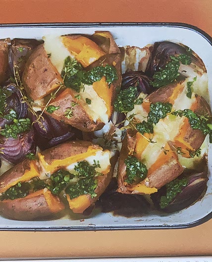 SWEET POTATO WITH MOZZARELLA, ONIONS & BASIL