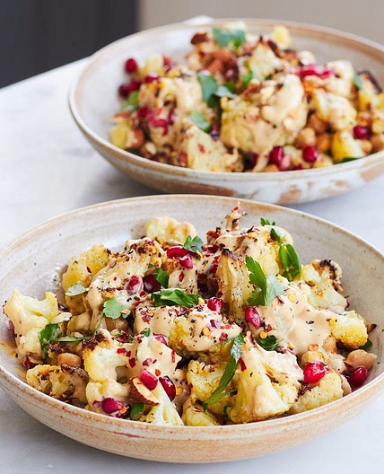 Roasted Cauliflower, Chickpea Salad with Yoghurt, Tahini and Maple Dressing
