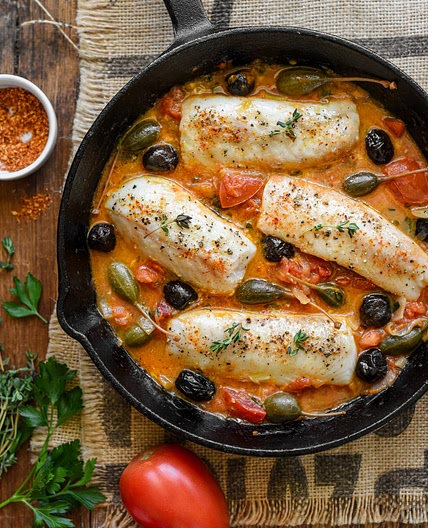 Cod Provençal with Tomatoes, Capers and Olives