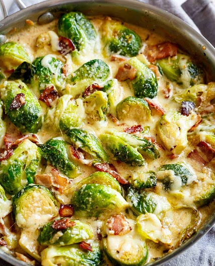 Creamy Garlic Parmesan Brussel Sprouts with Bacon