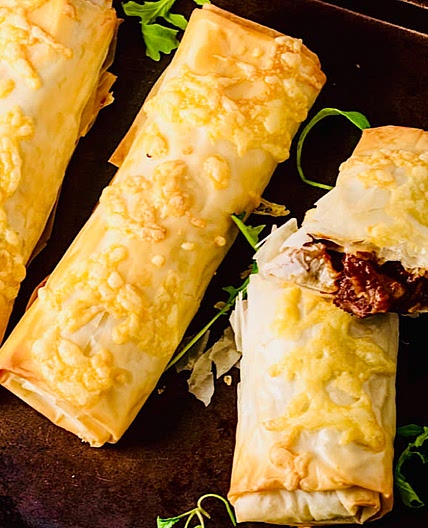 Sumac Chicken Phyllo Rolls (Musakhan Rolls).