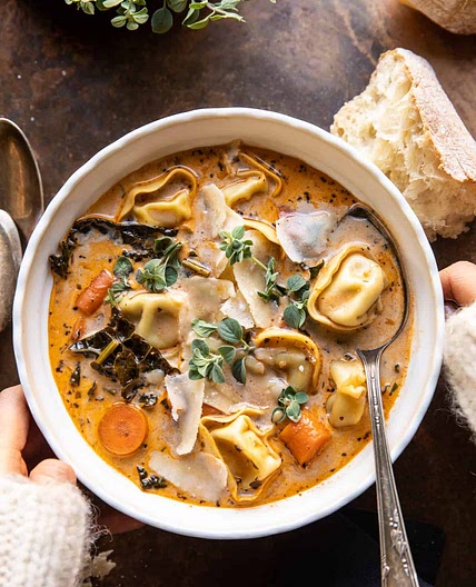 Healthier Slow Cooker Creamy Tortellini Vegetable Soup