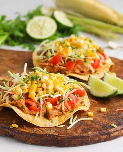 Roasted Corn & Bean Tostadas with Broccoli Slaw