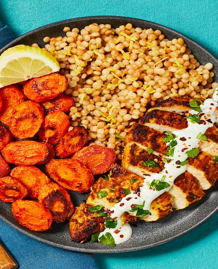 Yogurt-Marinated Chicken & Garlic Sauce plus Lemony Couscous & Chili-Roasted Carrots
