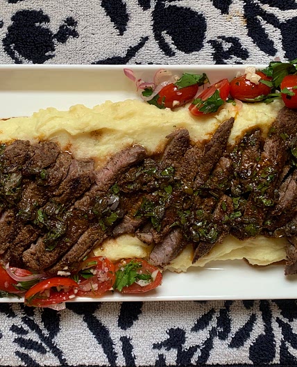 Steak with Sherry Vinaigrette, Semi-Sweet Mashed Potatoes, and Grape Tomato Salad