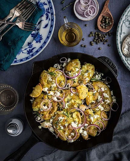 Quick smashed Greek potatoes with feta and rosemary