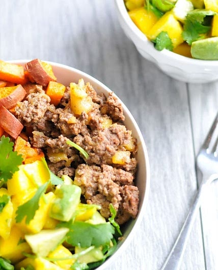 Sweet Potato and Pineapple Beef Bowls with Mango Avocado Salsa