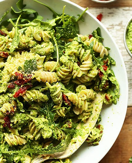 Pea Pesto Pasta with Sun-Dried Tomatoes & Arugula (Vegan + GF)