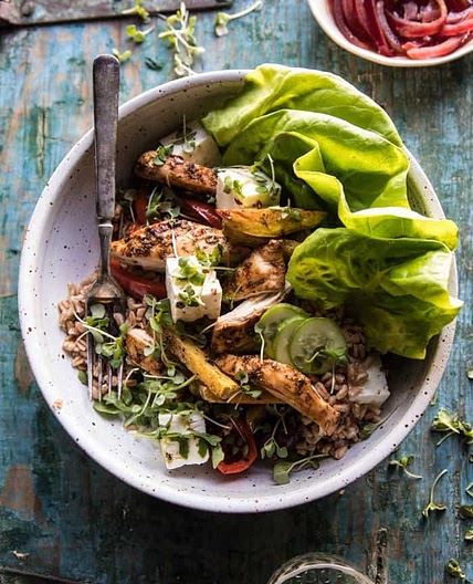 Roasted Greek Chicken and Farro Salad with Fries