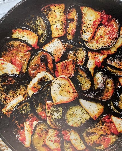 Aubergine, halloumi & harissa skillet bake