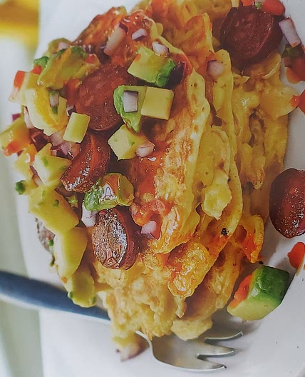 SWEETCORN FRITTERS WITH CHORIZO AND MANGO AND AVOCADO SALSA