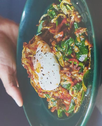 GREEN LENTIL SPINACH DAAL WITH POACHED EGG AND CRISPY ONIONS