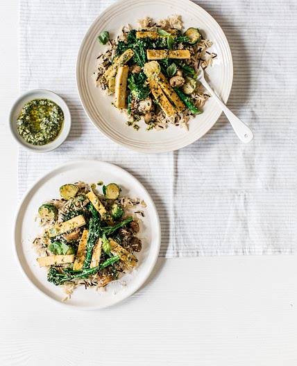 Sautéed brussels sprouts & tenderstem broccoli with pesto & wild rice