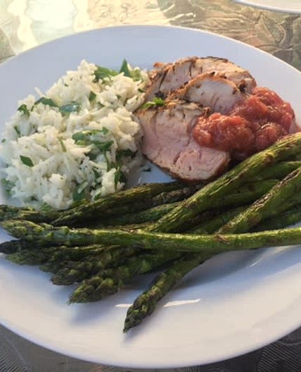 Grilled Pork Tenderloin with Rhubarb Chutney, Basmati Rice and Grilled Asparagus (or other Veg)