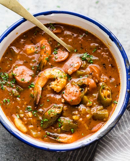 CHICKEN, ANDOUILLE, AND SHRIMP GUMBO