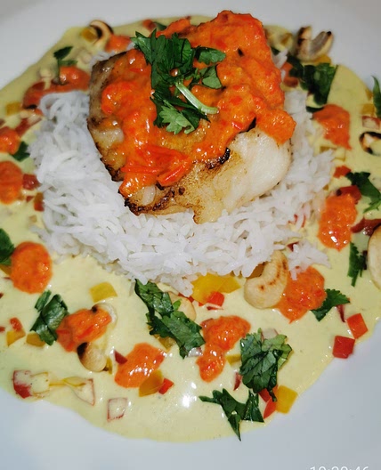 Roasted Cod Ginger-lemongrass Curry Sauce and sweet piquanté coulis