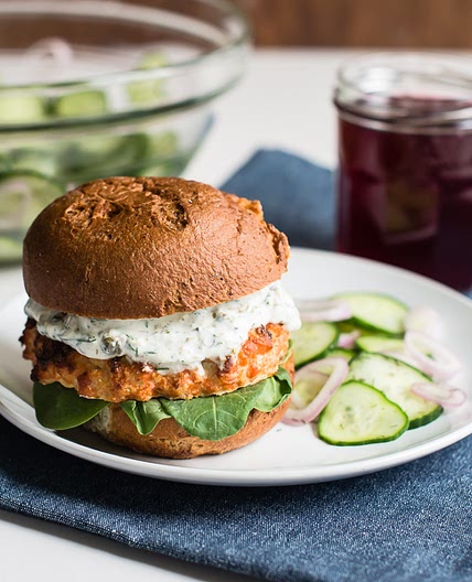 Salmon Burgers with Quick-Pickled Cucumber Salad