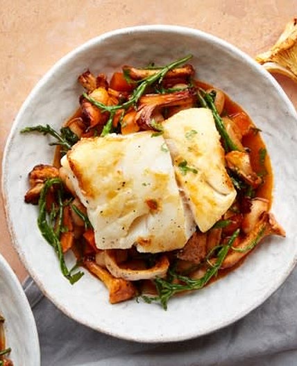 MC - Pollock with wild mushrooms, asparagus and butter bean stew
