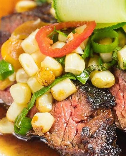 Chef Adrianne Calvo's Marinated Skirt Steak Recipe With White Corn, Pepper Relish & Spicy Soy Sauce