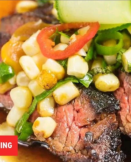 Chef Adrianne Calvo's Marinated Skirt Steak With White Corn & Pepper Relish & Spicy Soy Sauce