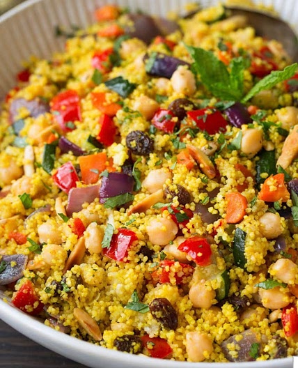 Moroccan Couscous with Roasted Vegetables Chick Peas and Almonds