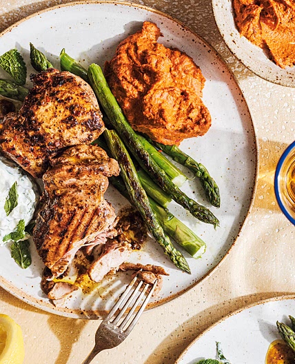 Spiced chicken with red hummus and tzatziki recipe