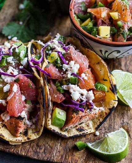 Cuban Fish Tacos with Citrus Mango Slaw + Chipotle Lime Crema
