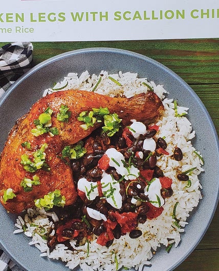 Crispy chicken legs with scallion chimichurri & black beans with lime rice